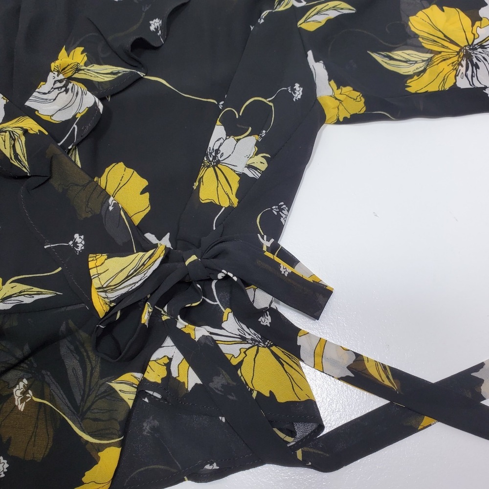 Bardot Women's Wrap Blouse Large‎ Black Floral V Neck Bell Sleeves Office Classy - Picture 11 of 14